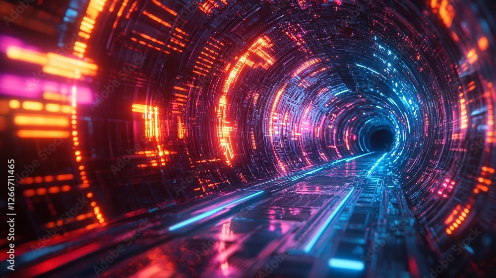 Poster a futuristic tunnel with vibrant neon lights in blue and orange, creating a dynamic and immersive di