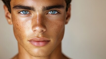 Fototapeta premium Before and after photos of a problematic face and healthy skin. Close Up Portrait of a Young Man with Freckles and Blue Eyes
