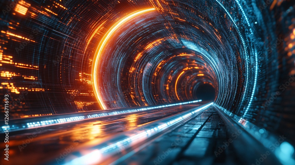 Poster a futuristic tunnel illuminated with vibrant blue and orange lights, creating an immersive and dynam