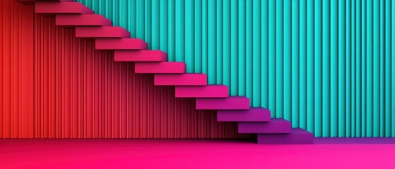 Obraz premium Modern Aesthetic with Solid Gradient Background. Colorful stairs against a vibrant striped wall backdrop.
