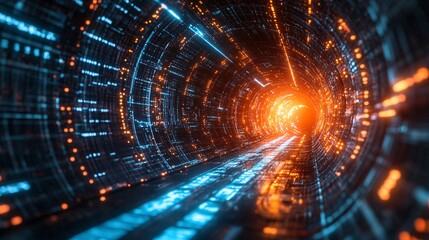 Obraz premium A glowing digital tunnel with blue and orange lights creates a futuristic and immersive atmosphere, suggesting technology and innovation.