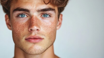 Obraz premium Before and after photos of a problematic face and healthy skin. Close Up Portrait of a Young Man with Freckles and Blue Eyes