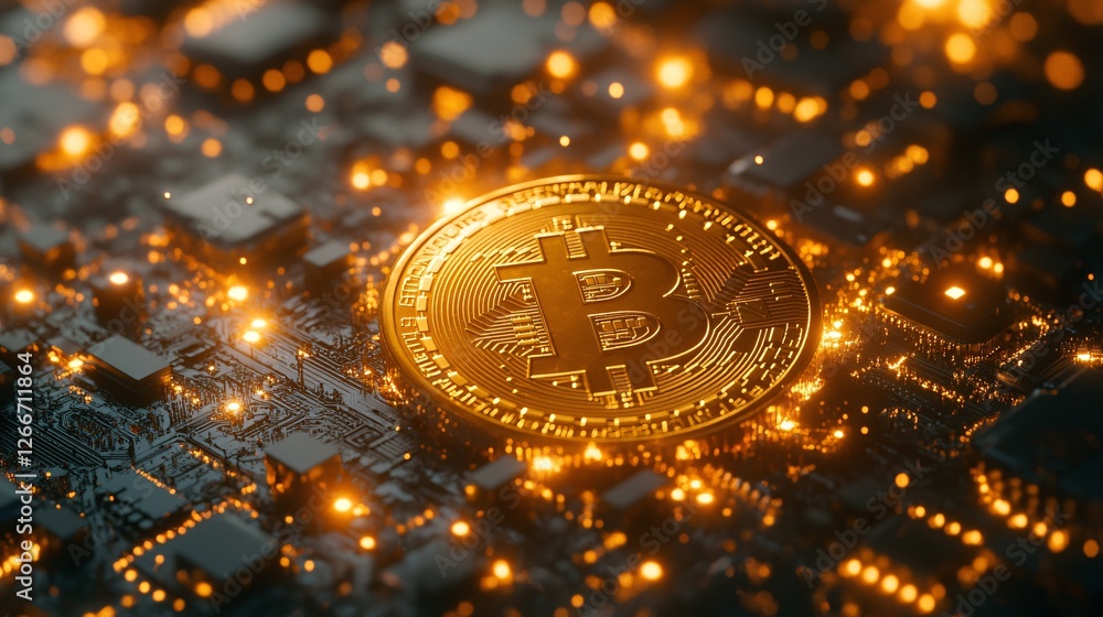 Poster a glowing bitcoin coin rests atop a circuit board, symbolizing the intersection of cryptocurrency an