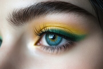 Obraz premium Close - up of a model with striking eyes, showcasing a blend of vibrant green and yellow eyeshadow