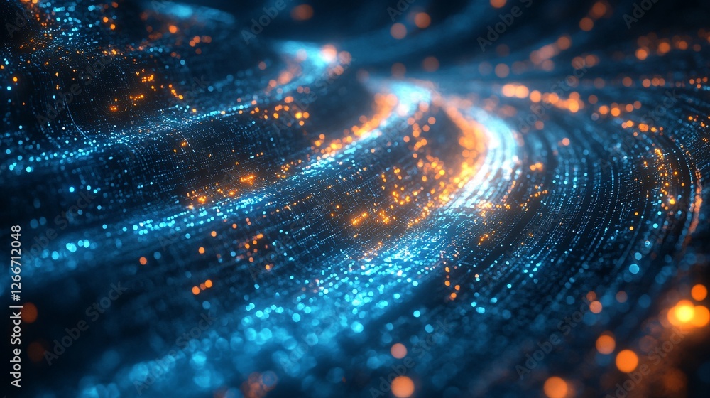 Poster a mesmerizing abstract image showcasing flowing waves of blue and orange light, creating a dynamic, 
