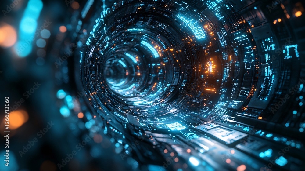 Poster a futuristic tunnel of glowing blue lights and intricate circuitry, creating a sense of depth and te