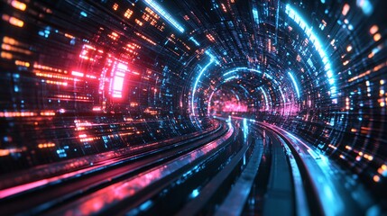 Fototapeta premium A vibrant, futuristic tunnel illuminated with blue and pink lights, creating a sense of depth and motion, resembling a digital or sci-fi environment.
