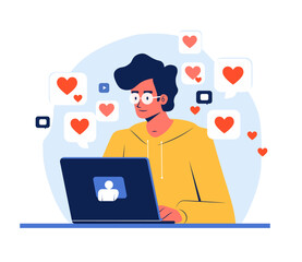 A person working on a laptop in a modern office setting. social media content creator concept. Performance marketing concept vector illustration