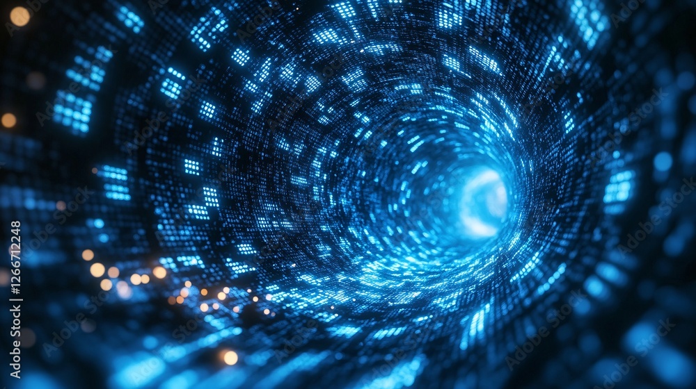 Poster a mesmerizing digital tunnel of swirling blue lights and data, creating a sense of depth and motion 