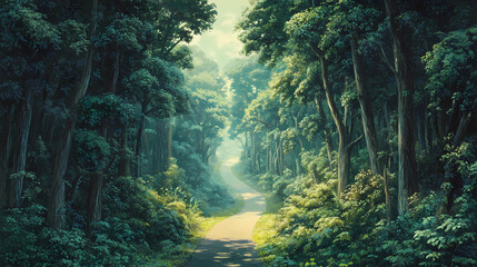 Obraz premium A picturesque illustration of a hidden path in a lush, enchanting forest
