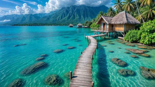 The image depicts a tranquil tropical island with a wooden boardwalk leading to a thatched cottage surrounded by clear turquoise waters and lush greenery.	
