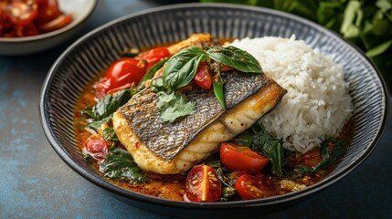 Fresh Grilled Fish with Rice and Vegetables on Rustic Plate