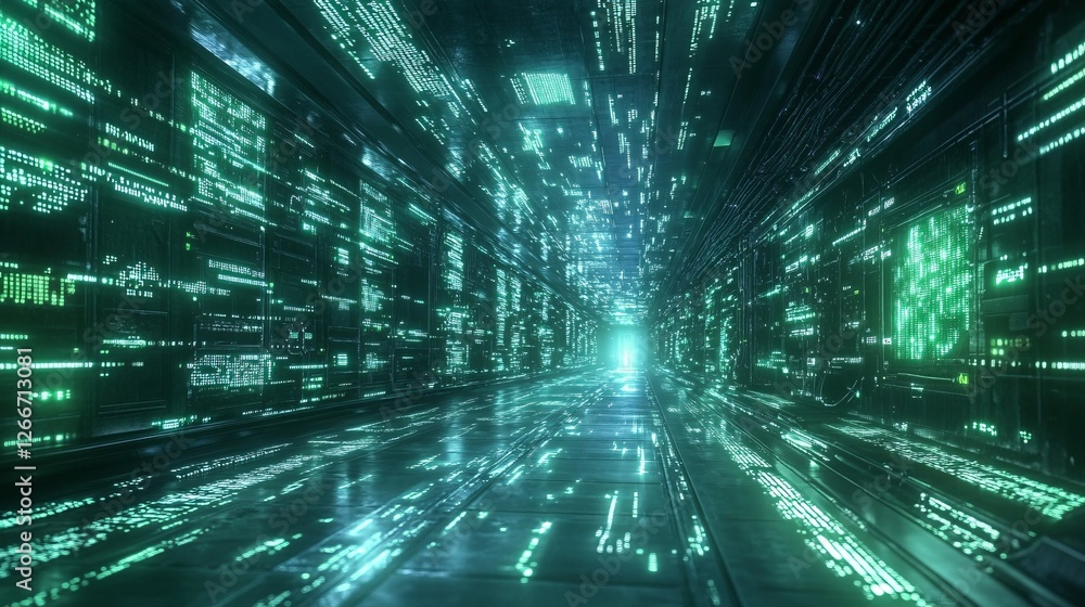 Poster a futuristic corridor filled with glowing green data streams, creating a sense of speed and technolo