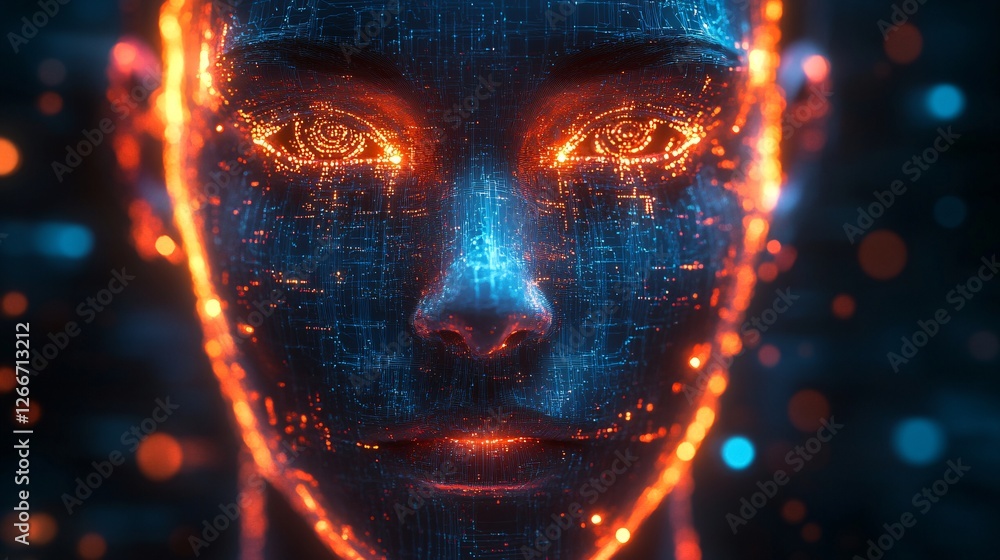 Aufkleber a digital, futuristic face illuminated with glowing circuits and patterns, representing the fusion o