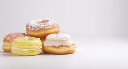 A Colorful Trio of Delicious Donuts with Sprinkles and Creamy Toppings Displayed on a Rustic Wooden Table Evoking a Cheerful and Inviting Atmosphere