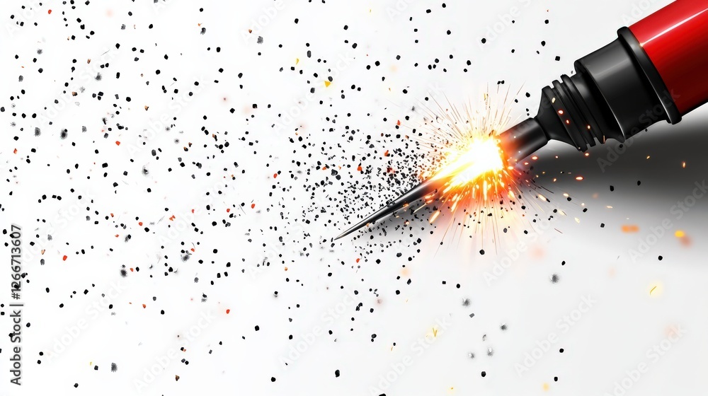 Poster a dynamic close-up of a red pen creating sparks and particles against a white background