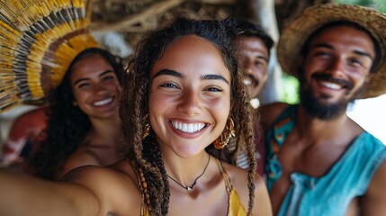 Fototapeta premium Happy friends take a smiling selfie together outdoors