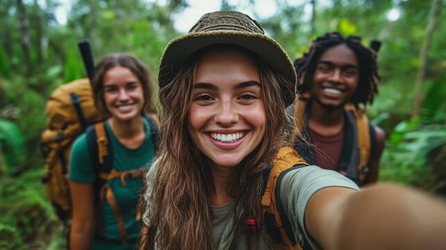 Happy hikers take a selfie in lush green jungle