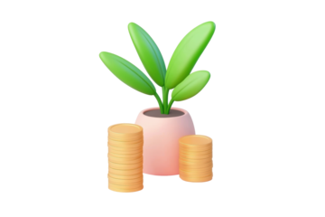 Isolated Plant in Pot with Golden Coins - 3D Render Showing Savings Growth
