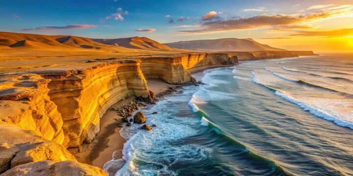 Sunset over the rugged coast of Playa de la Mina in Paracas desert Peru with warm golden light reflecting off the turquoise waters and dramatic cliffs , sunlit sea, peru coastline