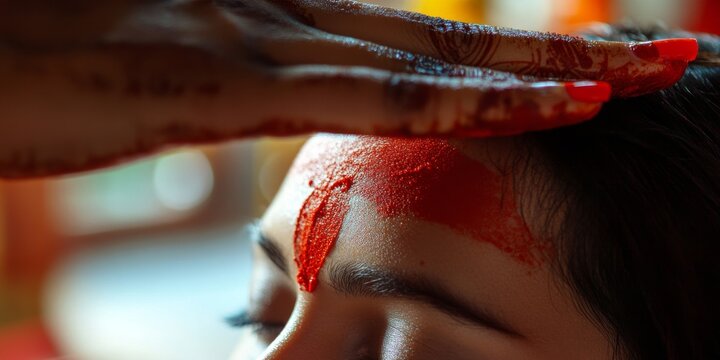 Applying tilak mark on forehead during indian ceremony