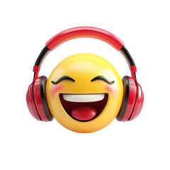 Isolated Cheerful Emoji with Red Earphones