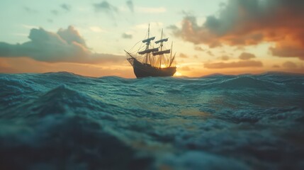 Majestic Ship Sailing at Sunset on a Turbulent Sea