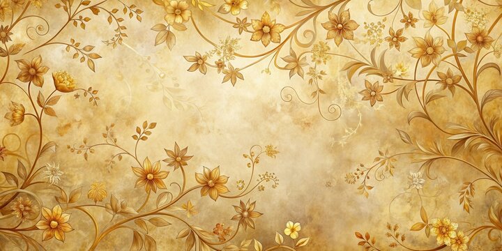 Warm golden hues and gentle patterns evoke a sense of serenity in this elegant landscape fabric background with floral motifs, vines, and soft stone accents , landscape, vintage