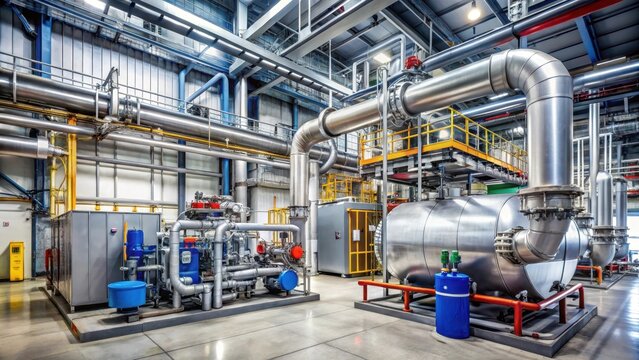 Industrial gas boiler room with high-pressure steam generators and heat exchangers in a modern facility, power plant components, industrial steam system