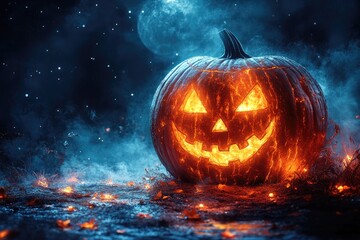 Naklejka premium Fiery jack-o'-lantern glows in smoky night; frost accents the scene. Perfect for Halloween, autumn, or mystical themes; evokes spooky vibes.