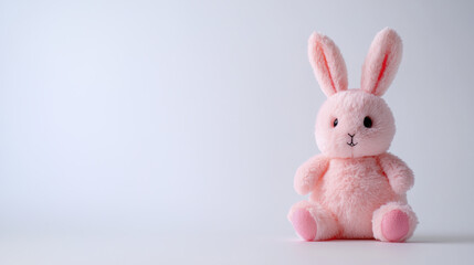 Obraz premium Cute pink stuffed bunny toy sitting on white background, perfect for children