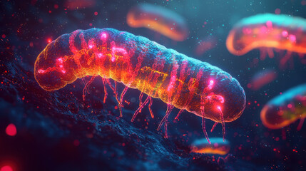 Comparison of healthy and unhealthy gut microbiomes with glowing bacteria and nutrients in a detailed medical illustration