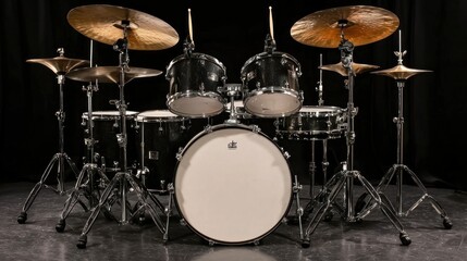 Obraz premium Professional black drum kit on stage, ready to play