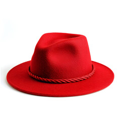 A red hat with a wide brim and a decorative band around the base,isolated on white background.