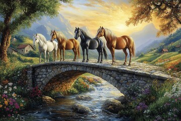 Peaceful Blue Hour With Four Horses on a Stone Bridge Over a Stream. Generative AI