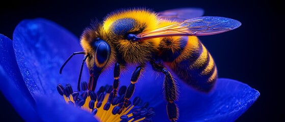 An artistic representation of the environment as perceived by a bee: flowers emit ultraviolet patterns invisible to the human eye, while colors are saturated in shades of blue and yellow.