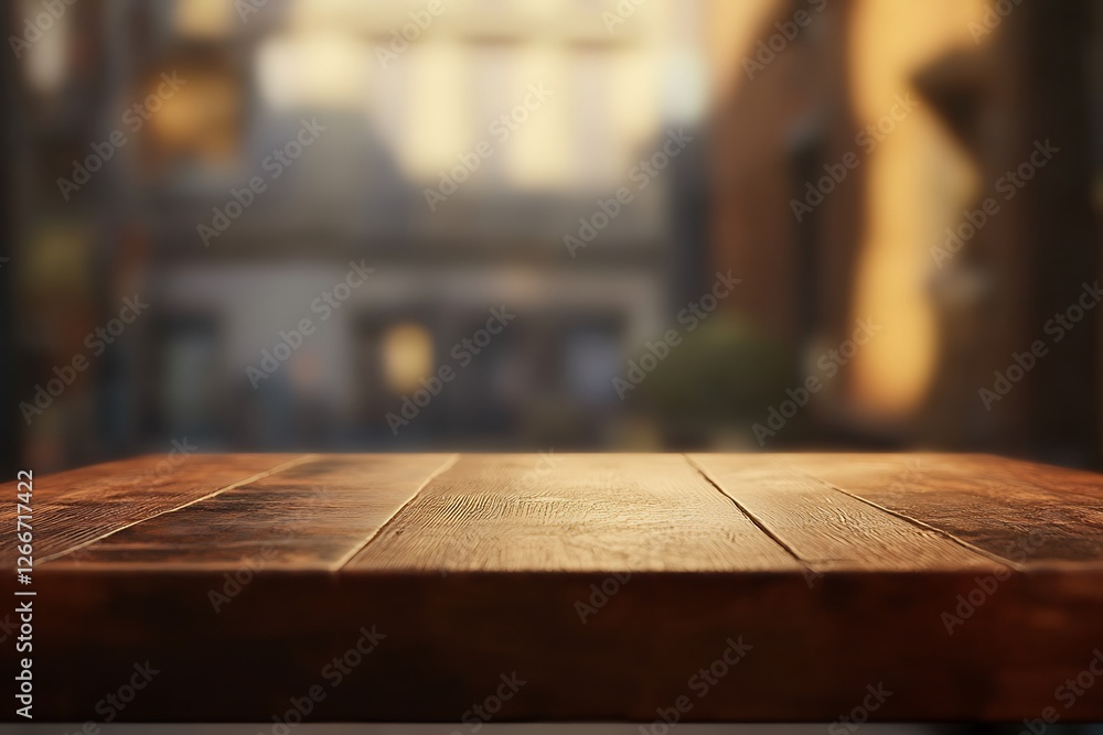 Poster empty wooden table and coffee shop blur background with bokeh image.