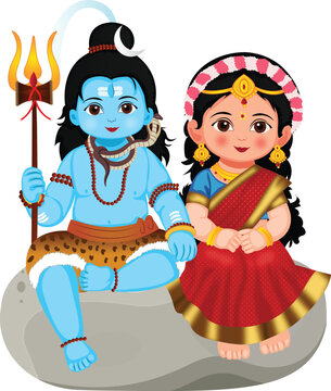 Lord Shiva And Goddess Parvati Sitting on a Stone Cartoon Character Vector Illustration