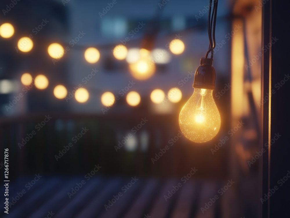 Poster string lights with a light bulb that glows in the evening.