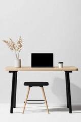 Minimalist Workspace with Wooden Desk and Laptop on Neutral Background