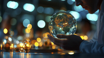 Man holding glowing globe with map of Africa, illuminated by lights