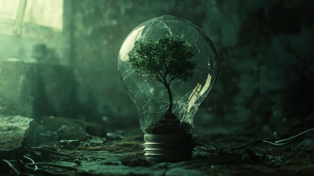 A small tree emerging from a cracked light bulb, symbolizing sustainable solutions, innovation, and green energy.  represents eco-friendly ideas, renewable energy