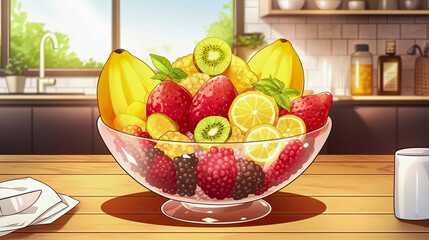 Fototapeta premium Bowl of assorted fruit and a cup of coffee on a table with an imaginative anime fruit that changes flavors every time it is tasted