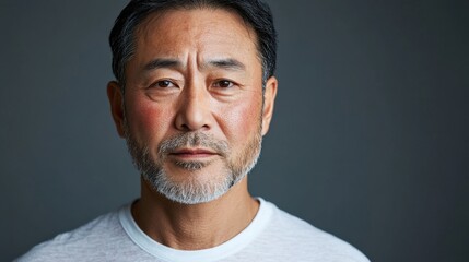 Fototapeta premium asia Before and after photos of a problematic face and healthy skin. Portrait of a Serious Middle Aged Man Against a Gray Background