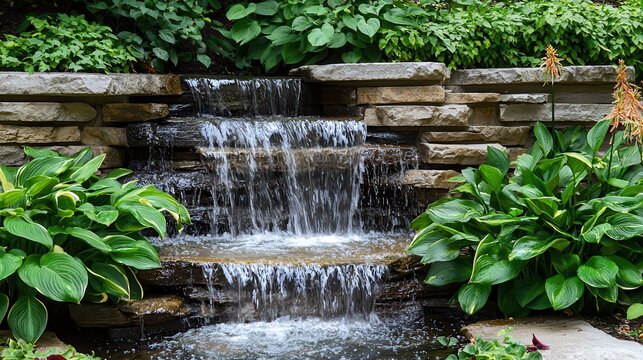 Serene Waterfall in a Lush Garden Setting