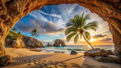 Naklejka premium Serene Sunset Vista from a Coastal Cave Opening onto a Pristine Beach with Palm Trees and Rock Formations