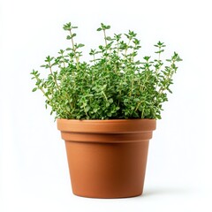 Fresh thyme plant growing in a simple terracotta pot
