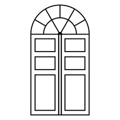 Black line drawing of a double door with an arched window above