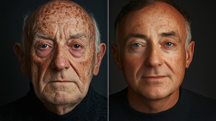 Before and after photos of a problematic face and healthy skin. Portrait of Two Men: An Elderly Man and a Younger Man
