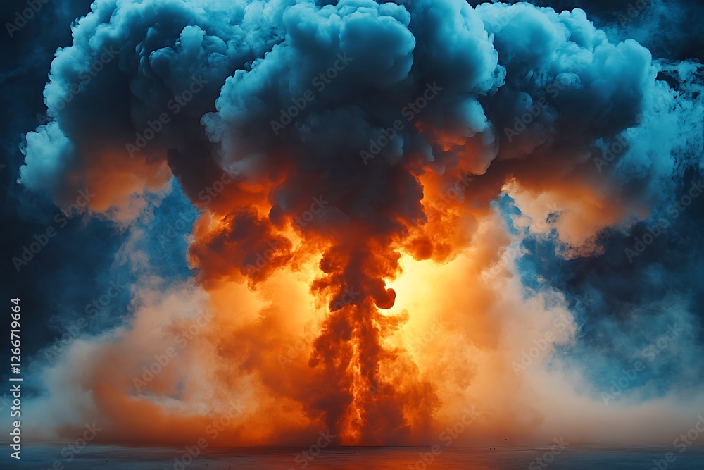 Poster fiery explosion in the sky with clouds and sun. abstract background